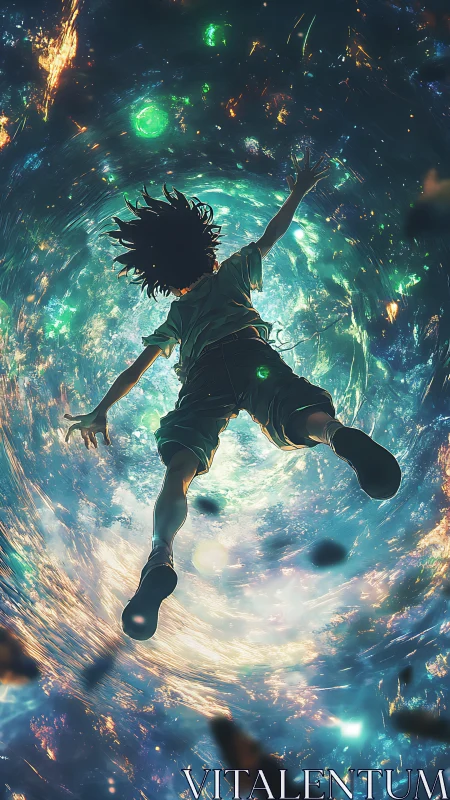 Anime vortex plunge with dynamic perspective and luminous nebulae.
