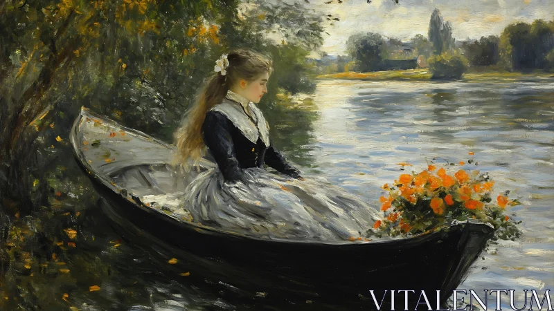 Young woman in rowboat rendered with loose impressionist brushwork