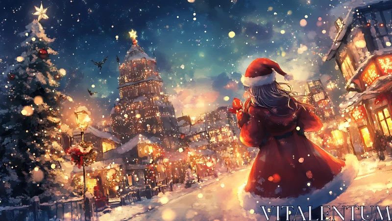 Girl in red coat walking through snowy Christmas town.