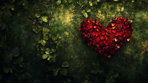 Red petals arranged in heart shape on moss-covered ground