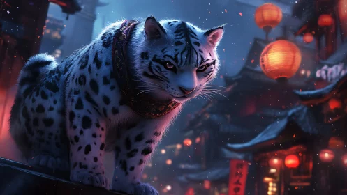Snow Leopard Guardian in Neon-Lit Asian Metropolis.