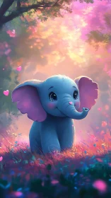 Cute blue baby elephant in glowing pink fantasy meadow