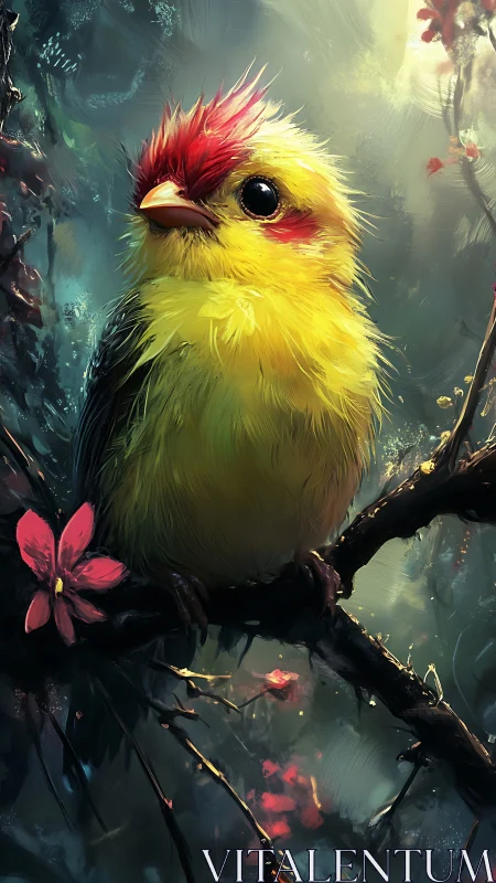 Chromatic juvenile songbird in luminous digital forest microclimate.