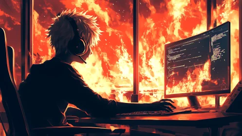 Headset coder at workstation against panoramic inferno backdrop.
