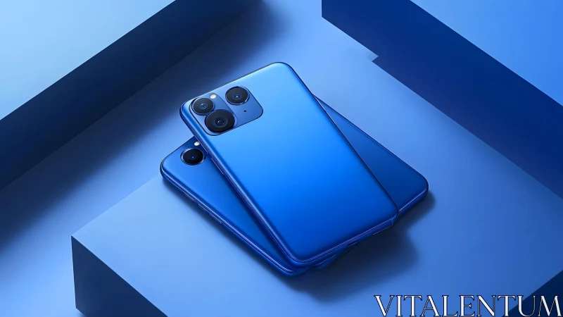 Sleek blue smartphones with triple cameras in modern blue setting.