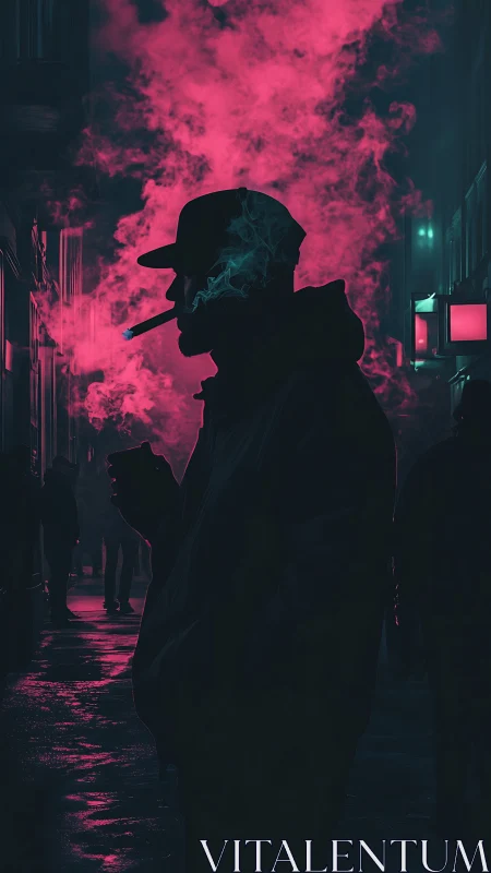 Neon soaked city smoker wrapped in glowing night haze.