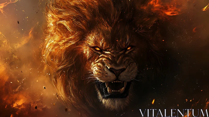 Thermal-ignited leonine visage within turbulent combustion field.