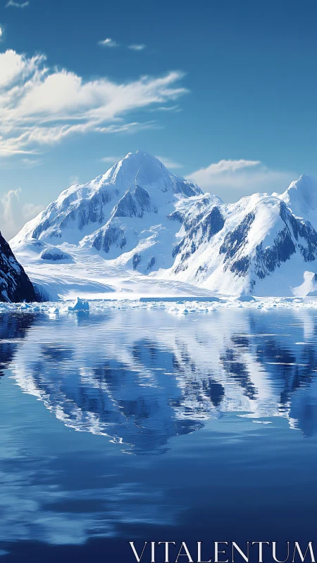 Serene snowcapped peaks mirrored in calm polar waters.