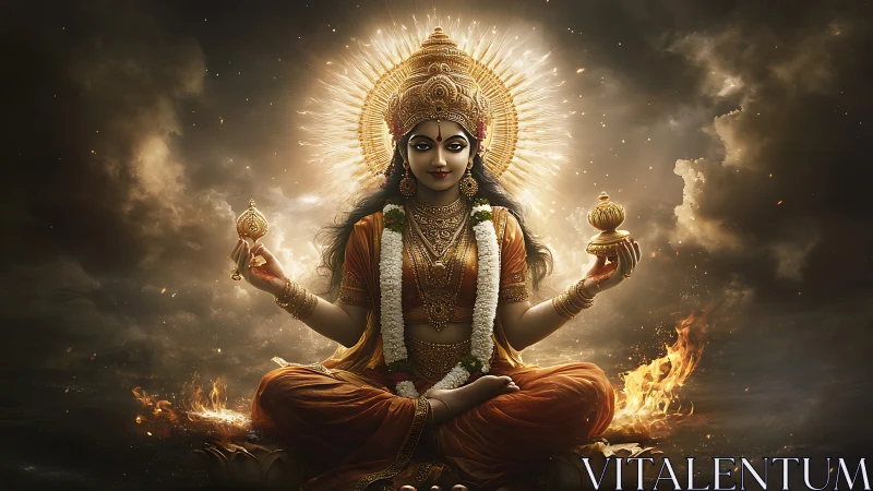 Radiant goddess of fire and calm in swirling golden clouds.