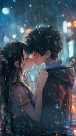 Rain-soaked first kiss under neon city twilight skies.