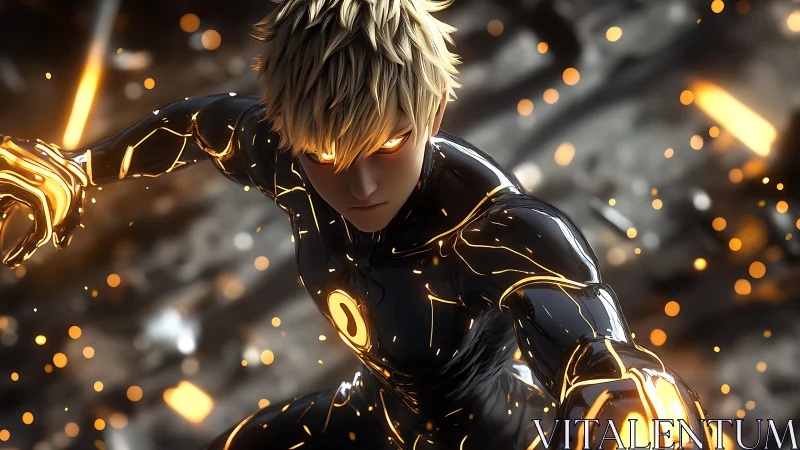 Blond combat figure in black luminous suit mid-motion.