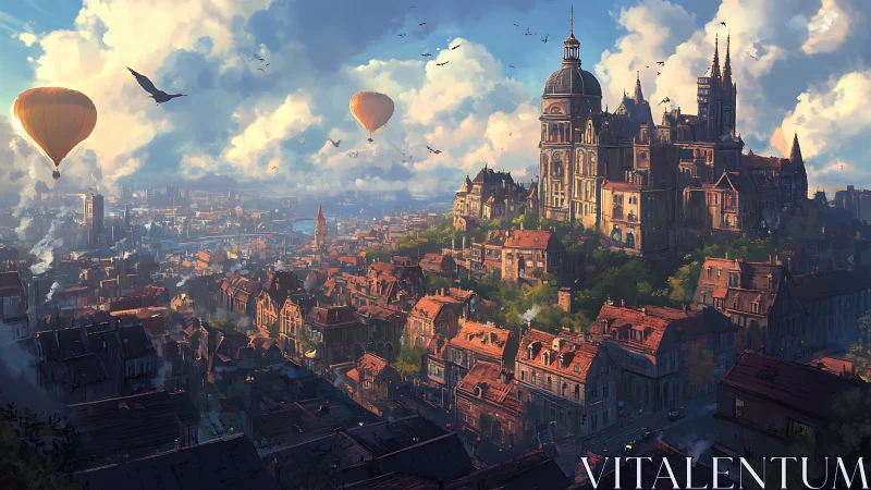 Steampunk cityscape glows under drifting hot air balloons.