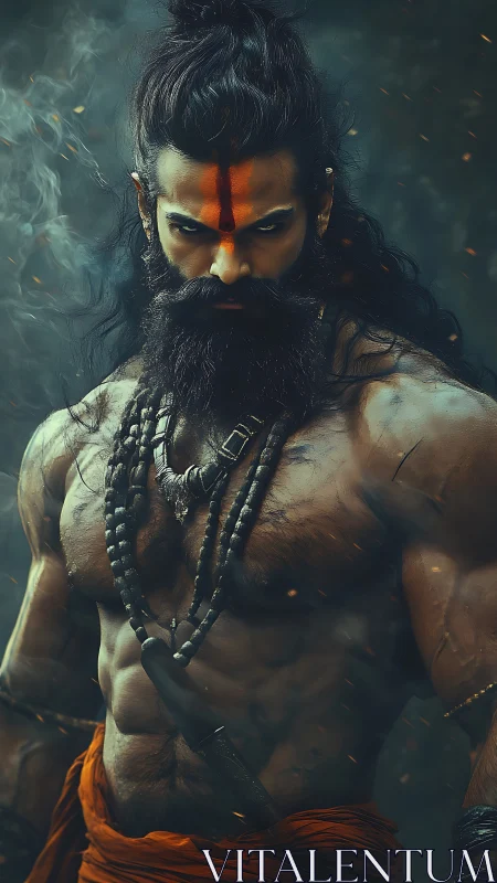 Muscular warrior monk with beads and orange forehead mark.