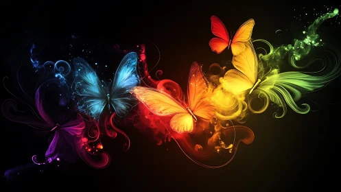 Vibrant neon butterflies form luminous rainbow energy trail