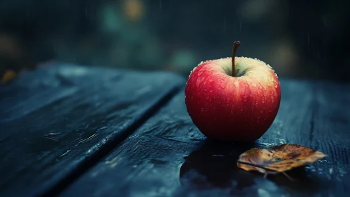 Red apple with rain droplets on dark wet wooden table.