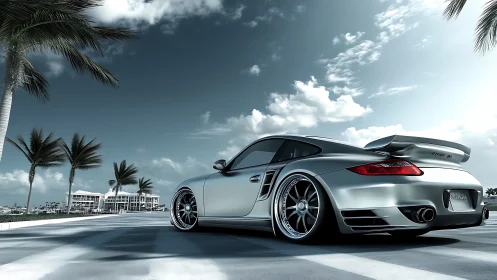 Wide-angle render of tuned silver sports coupe on coastal boulevard