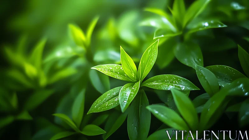 Luminous green leaves in soft-focus forest bokeh glow.