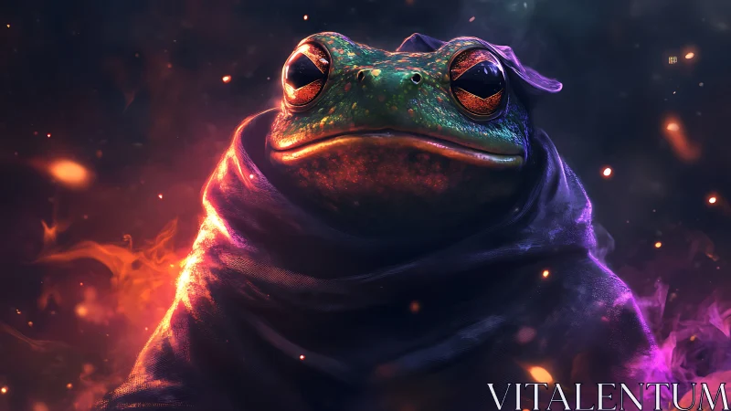 Hooded frog portrait in vivid neon atmospheric lighting.