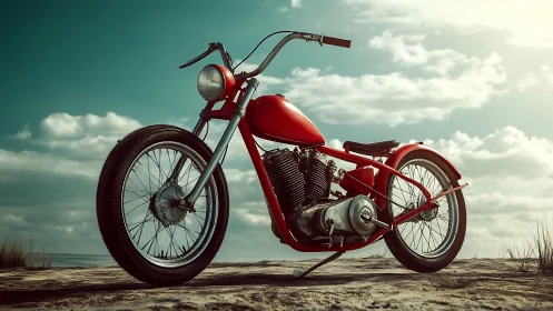 Crimson beachside chopper resting under a dreamy sky.