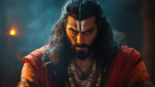 Intense warrior mystic in dramatic warm side lighting.