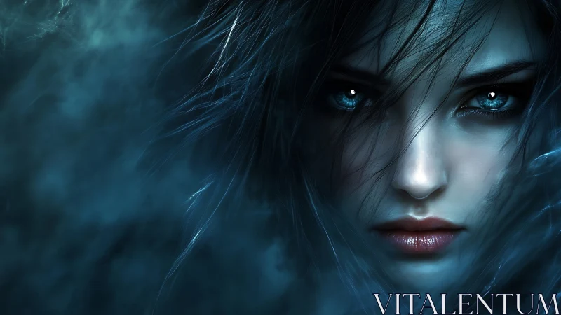 Mystic blue-eyed sorceress emerging through spectral mist.