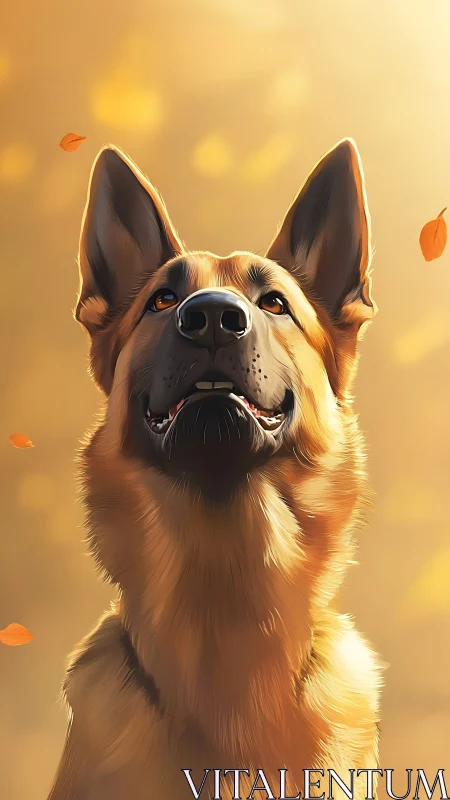 Warm sunlight falls softly on a hopeful German Shepherd