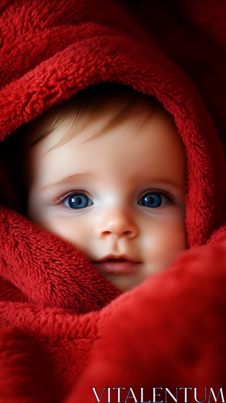 Infant Portrait in Crimson Cocoon: Photorealistic Study.