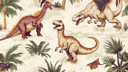 Dinosaurs roam lush prehistoric jungle in detailed pattern.