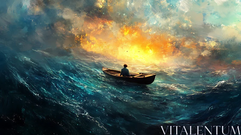 Lone dreamer rows toward a burning watercolor horizon.