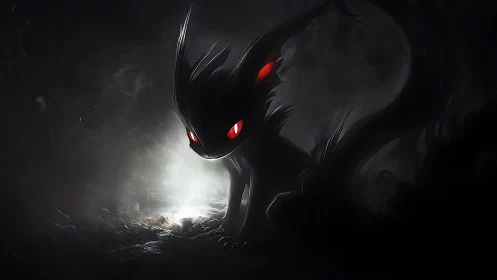 Shadowy creature with red eyes in high contrast darkness.