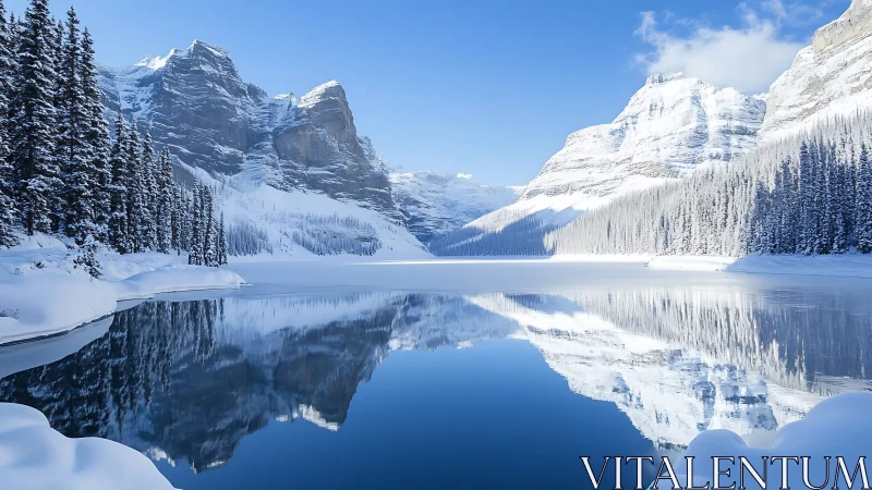 Snowy alpine lake mirrors towering mountains in winter calm.