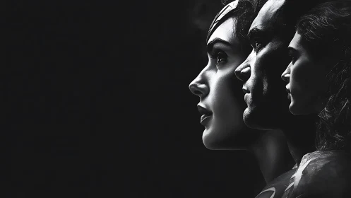 Monochrome hero triptych aligns profiles in high-contrast light