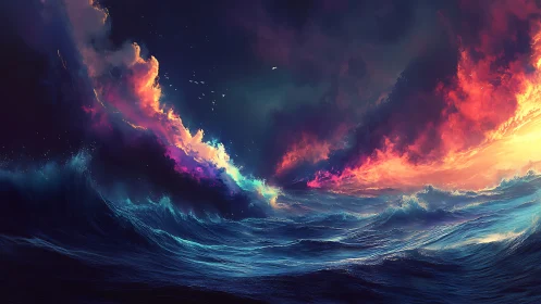 Stormy digital seascape shows turbulent waves and burning sky