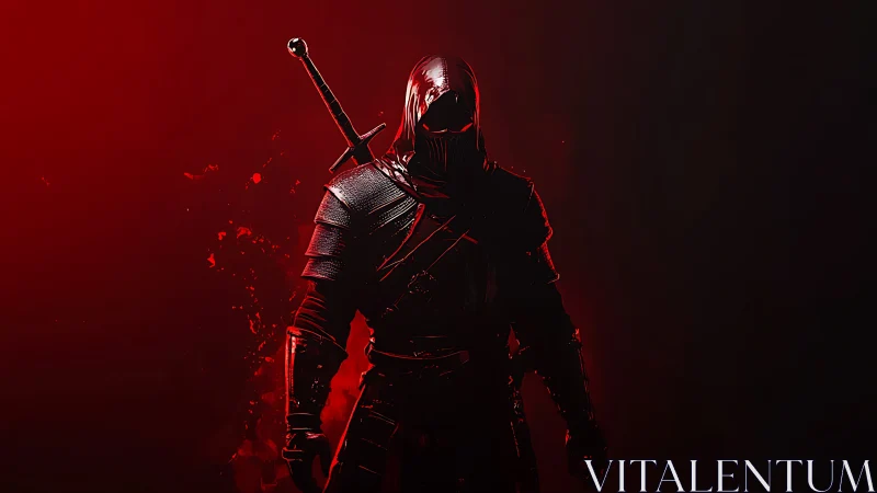 Hooded armored swordsman in red backlight on dark ground.