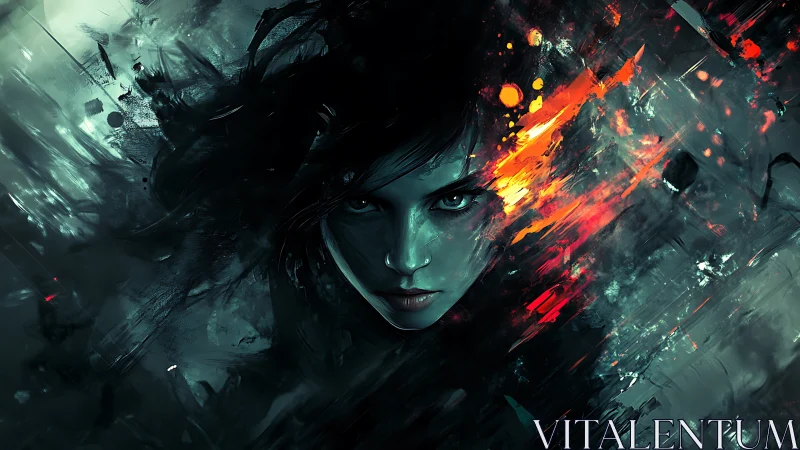 Cyber-noir female portrait dissolves into abstract incendiary strokes