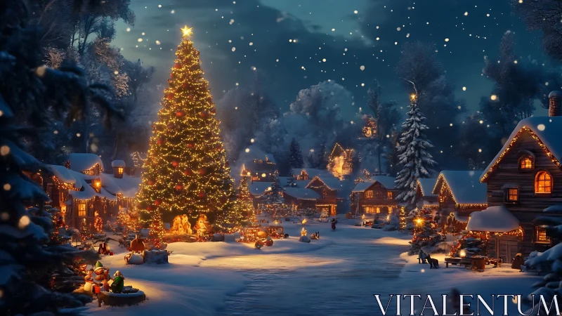 Snowy village glows around towering illuminated Christmas tree