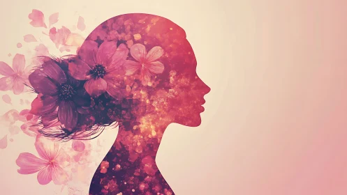 Elegant female silhouette with floral watercolor effects and soft hues.