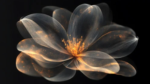 Translucent volumetric light-bloom flower with glowing filaments