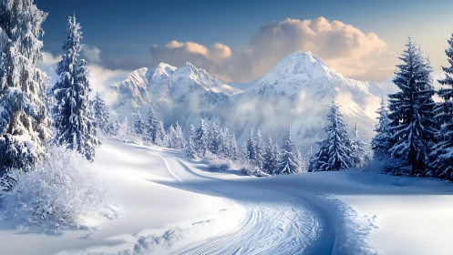 Curved alpine ski track under stratified winter atmosphere.