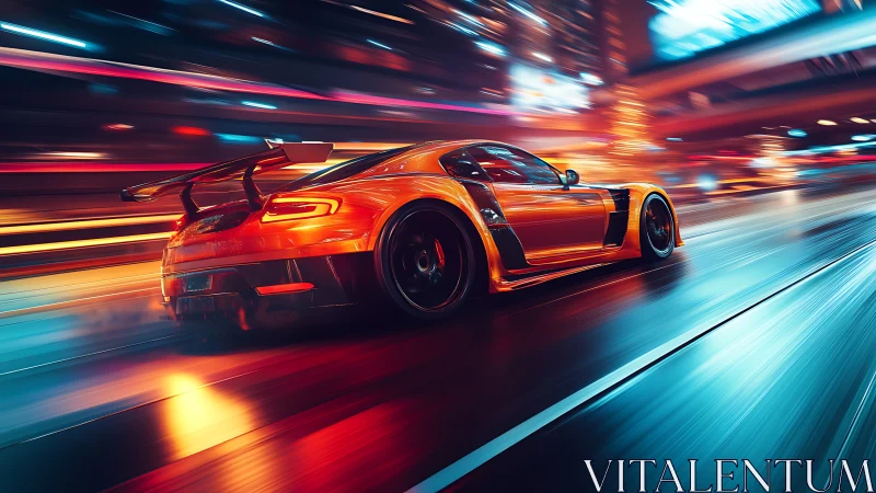 Orange supercar slices neon city street with blazing speed.