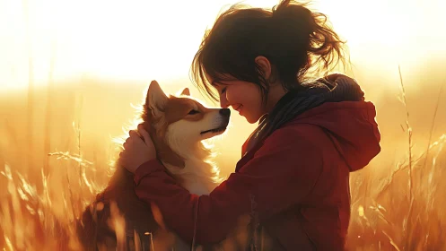 Backlit girl and dog in golden field share intimate sunset gaze