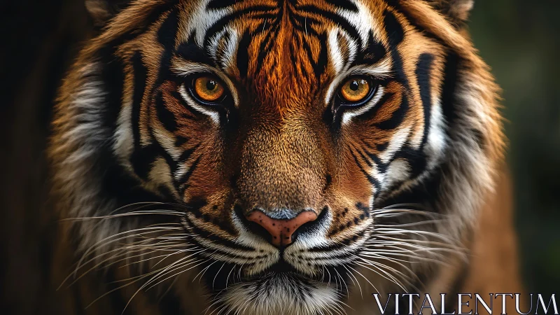 Tiger face captured in sharp frontal close-up portrait view