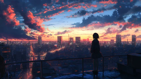 Silhouetted schoolgirl surveys neon city at atmospheric sunset