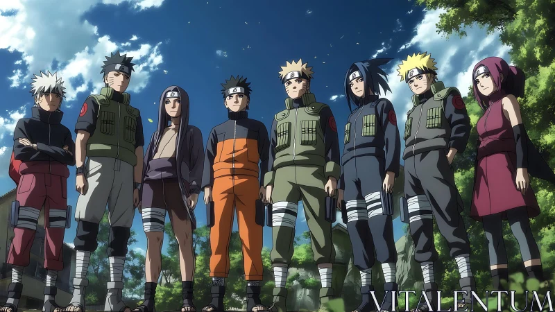 Leaf village team stands united beneath a bright sky.