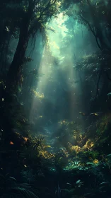 Enchanted Forest Glow Through Misty Canopy Light