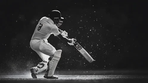 Right-handed cricket batter drives ball through flying sparks