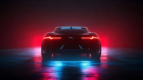 Rear-lit sports coupe rendered with neon rim lighting and wet asphalt