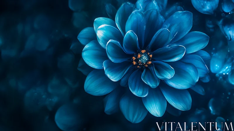 Luminous Cerulean Dahlia with Golden Center. Macro Botanical Study.