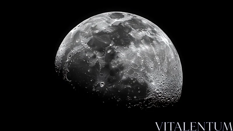 Half-lit lunar titan drifting through velvet-black quiet.