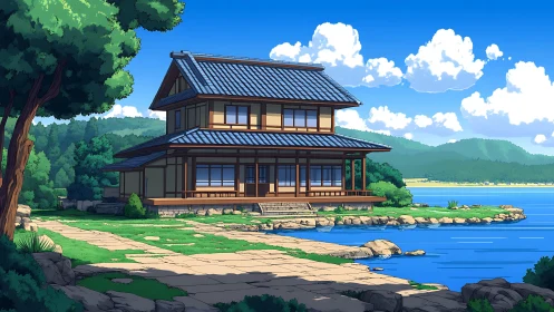 Tranquil lakeside Japanese house under bright summer sky.